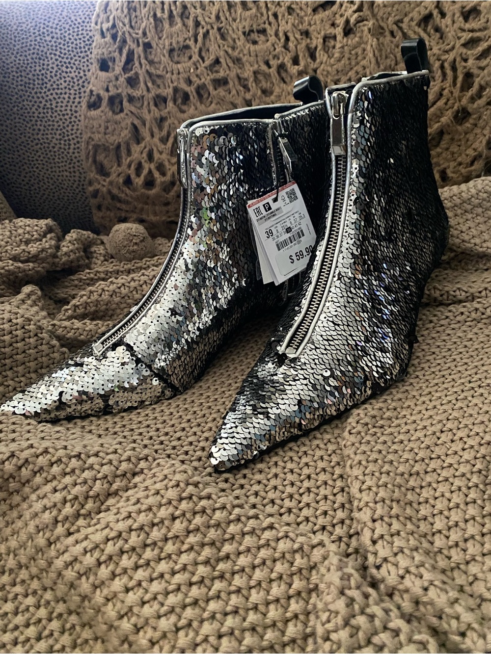 Zara silver sequin kitten heel boots NEW NWT 39 8.5